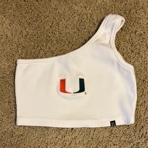 U of Miami Hype and Vice One Shoulder Crop White Ribbed Tank Top with Logo